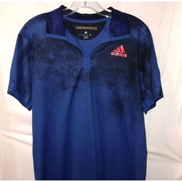 Adidas Mens Shirt Climalite Short Sleeve Hand Printed Blue Medium - Picture 1 of 7